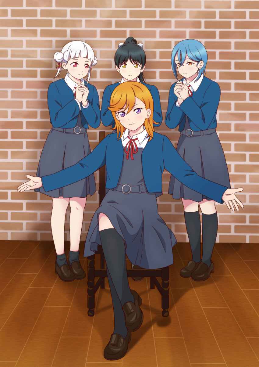 4girls, absurdres, aoyama_nagisa, arashi_chisato, belt, black_hair, black_socks, black_thighhighs