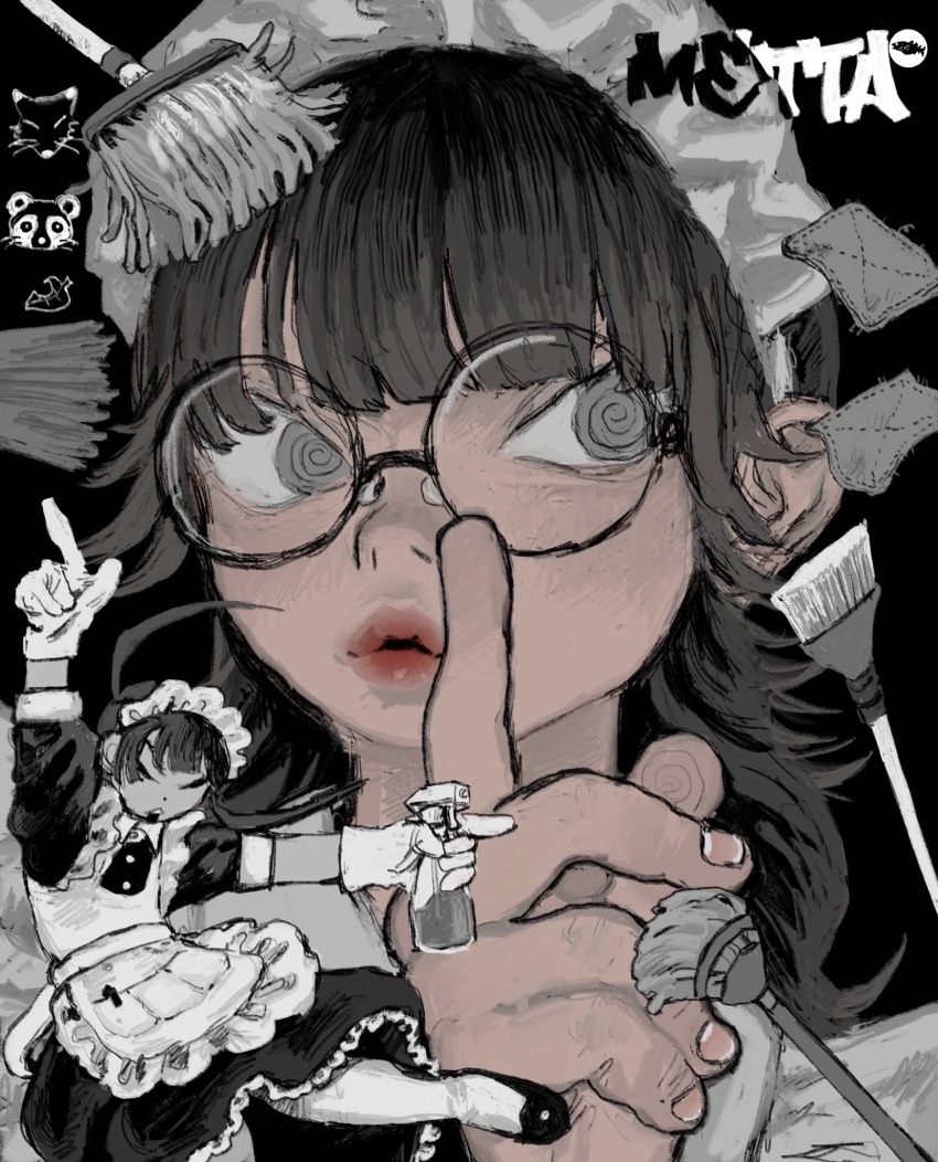 1girl, @_@, apron, black_background, blunt_bangs, broom, brown_hair, finger_to_mouth