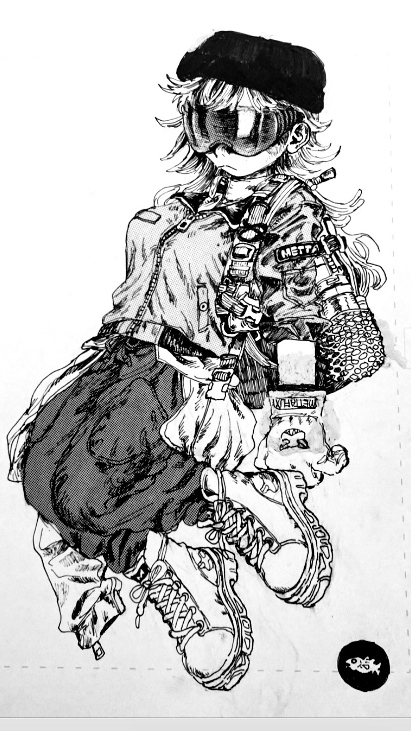 1girl, beanie, black_hat, breasts, full_body, gloves, goggles, grey_pants