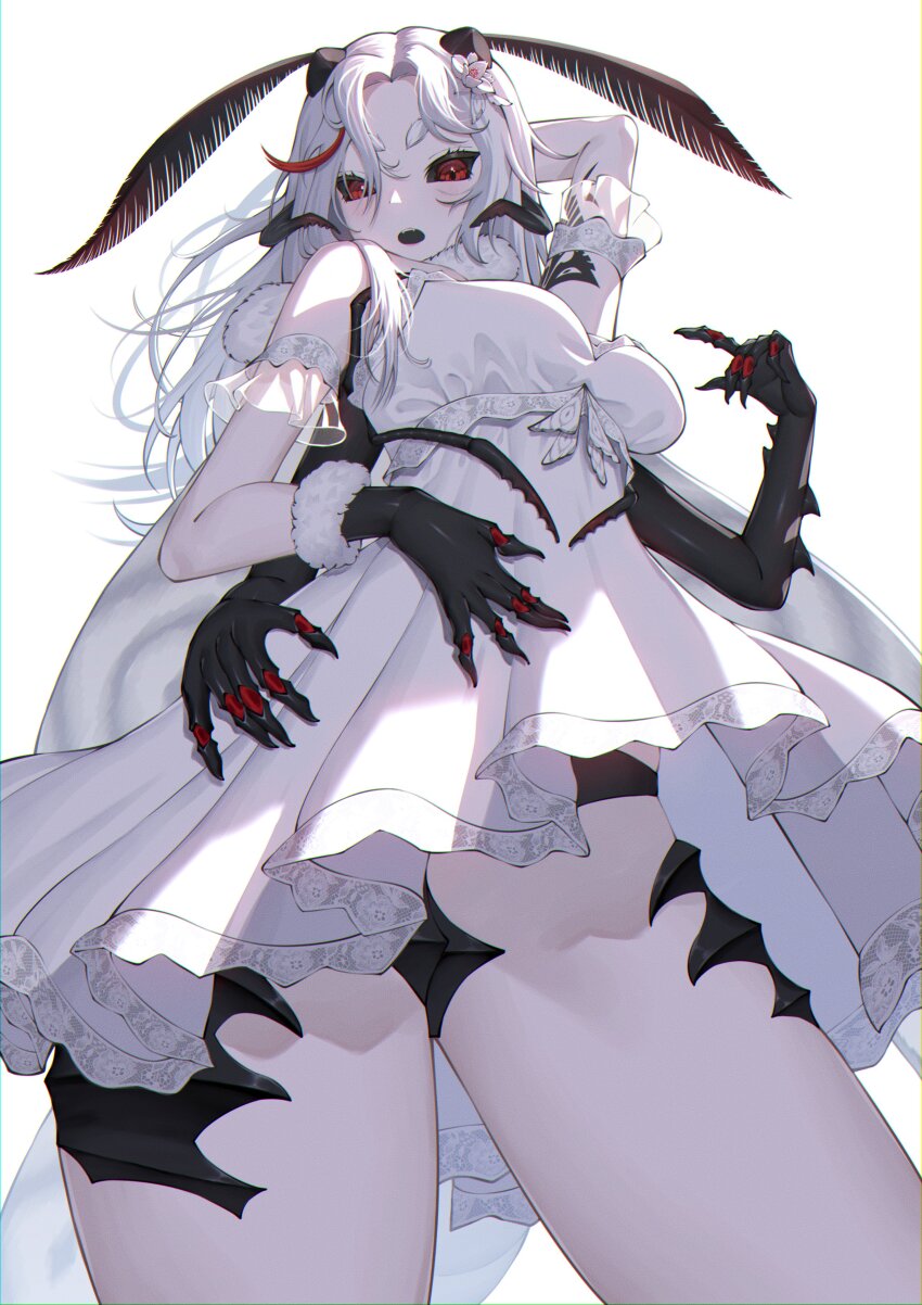 1girl, absurdres, arm_behind_head, arm_garter, arm_tattoo, arthropod_girl, black_gloves, black_sclera