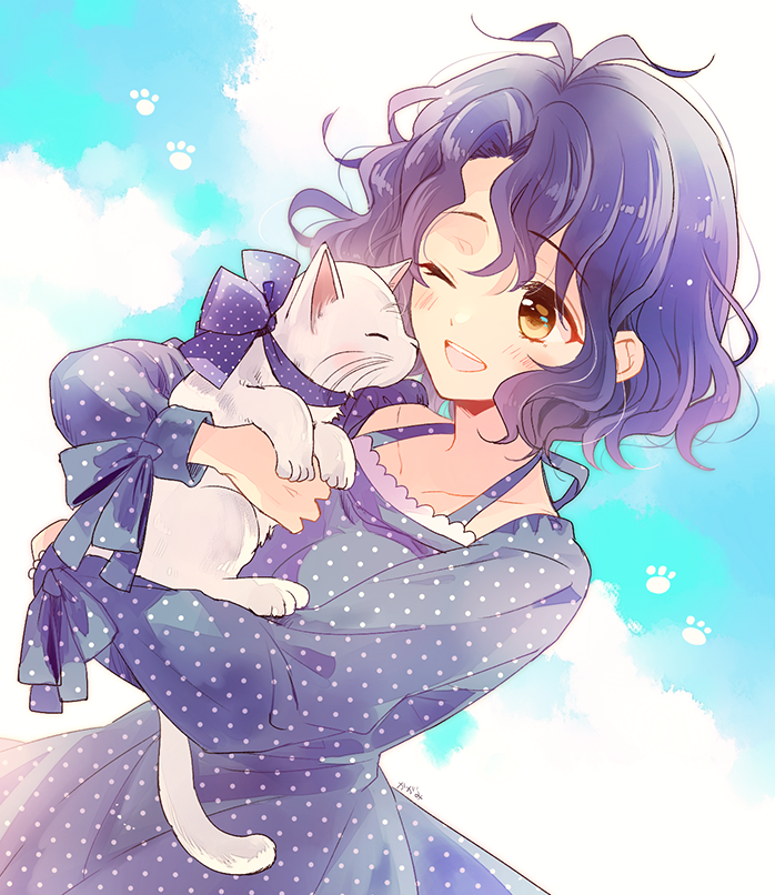 1girl, animal, antenna_hair, blue_dress, blue_hair, blush, breasts, brown_eyes