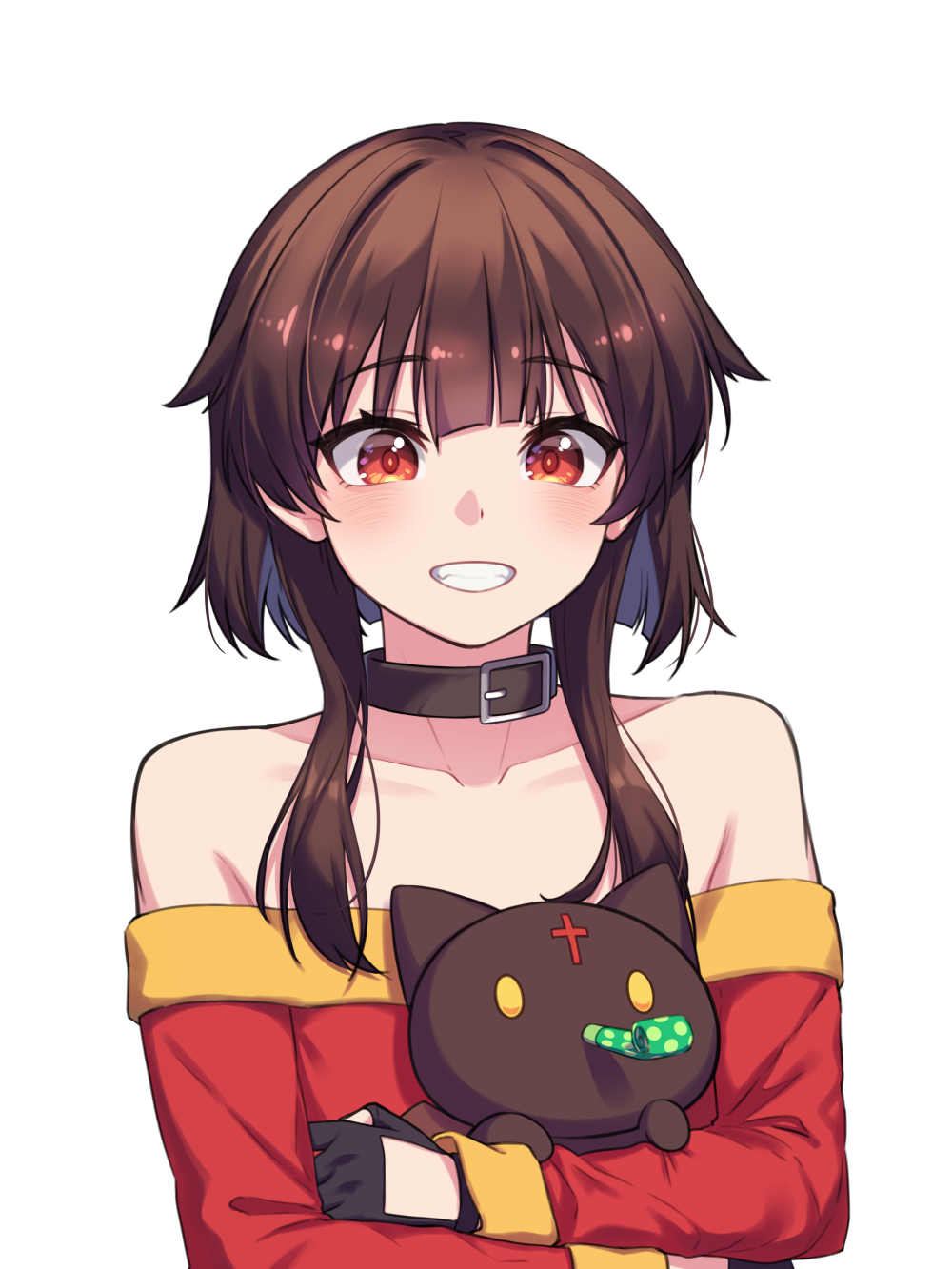 1girl, birthday, blunt_bangs, blush, brown_hair, choker, chomusuke, dress