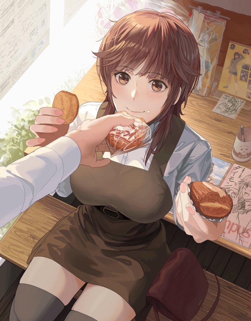 1girl, amagami, bag, belt, bench, black_thighhighs, bread, breasts