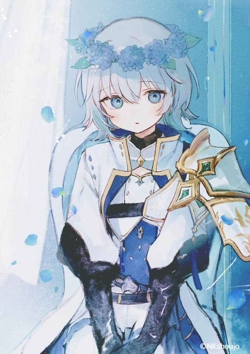 1girl, armor, belt, black_gloves, blue_eyes, blue_petals, chair, cleavage_cutout