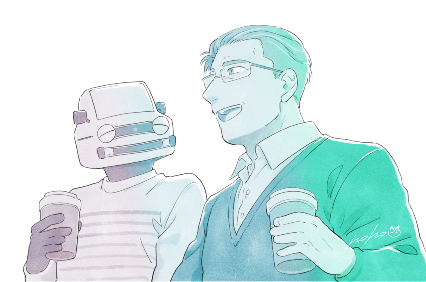 2boys, :d, artist_name, closed_eyes, cup, disposable_cup, drink, facing_another, hair_slicked_back, highres, holding, holding_drink, long_sleeves, male_focus, matsuri6373, multiple_boys, nishiya_chiaki, nishiya_kazuhiko, object_head, open_mouth, shirt, simple_background, smile, tonari_no_youkai-san, tsukumogami, white_shirt