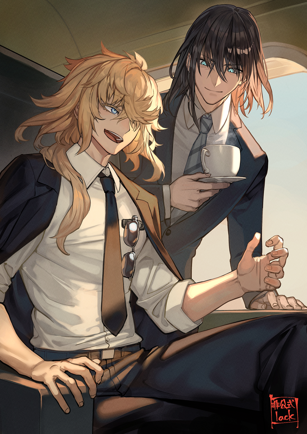 2boys, aircraft, airplane, alternate_costume, arm_rest, artist_logo, artist_name, black_hair