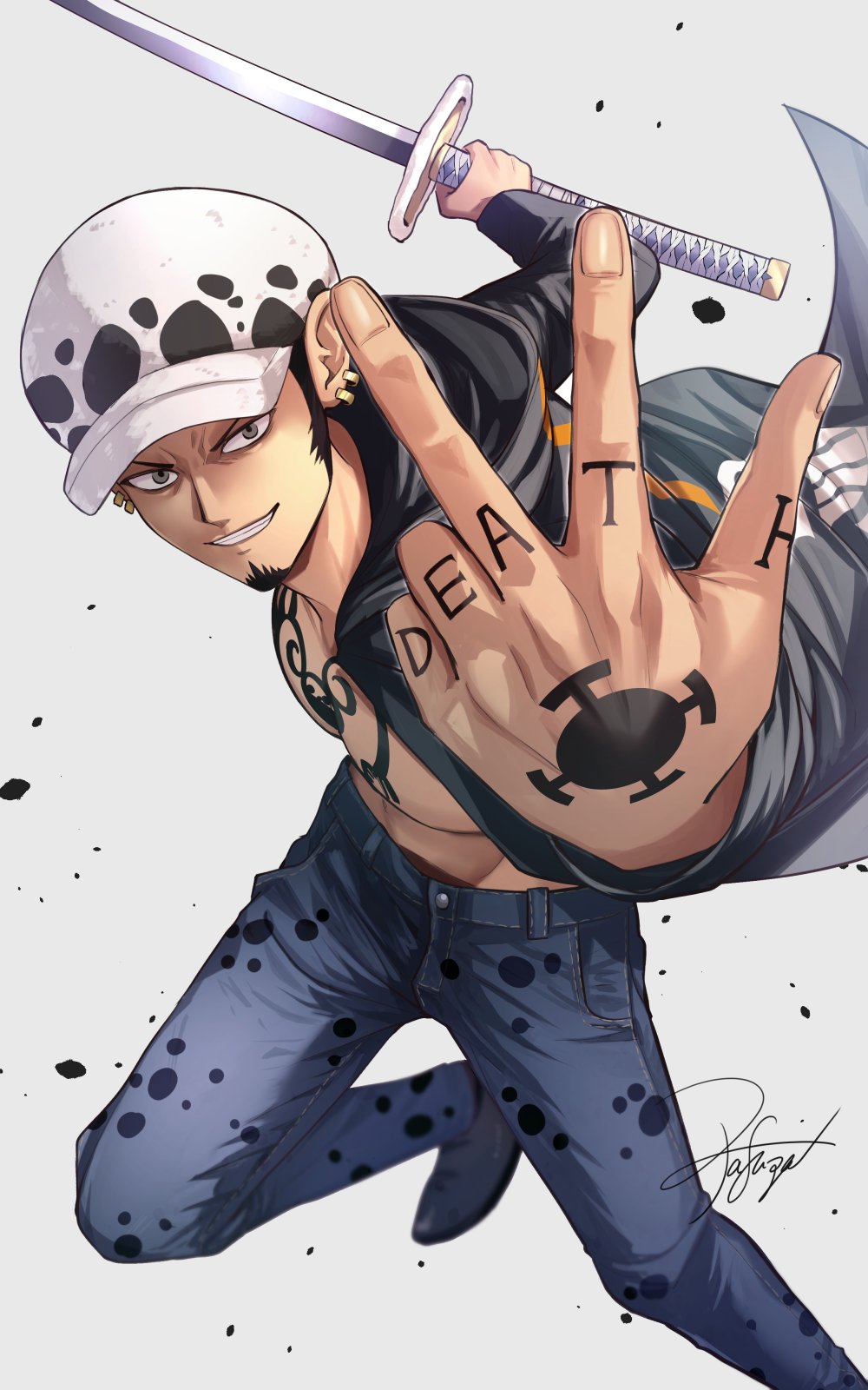 1boy, black_hair, black_jacket, blue_pants, chest_tattoo, denim, earrings, facial_hair