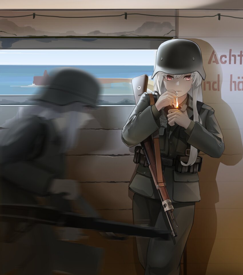 2girls, absurdres, bolt_action, combat_helmet, german_text, gewehrbroker, girls'_frontline, green_jacket, green_pants, gun, helmet, highres, interior, jacket, kar98k_(girls'_frontline), machine_gun, mauser_98, mg42, mg42_(girls'_frontline), motion_blur, multiple_girls, pants, rifle, smoking, stahlhelm, weapon, wehrmacht, world_war_ii