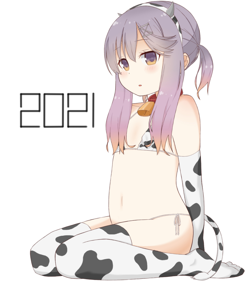 1girl, 2021, animal_print, bell, bikini, blush, chinese_zodiac, collar