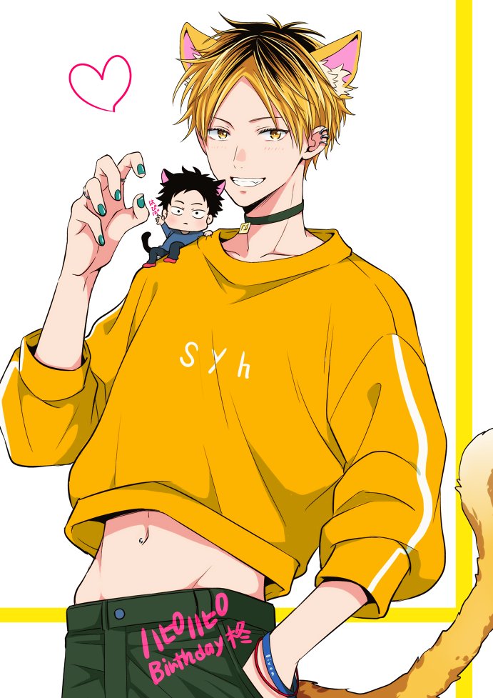 2boys, 961_masashi, animal_ears, aqua_nails, black_collar, black_hair, black_pants, blonde_hair