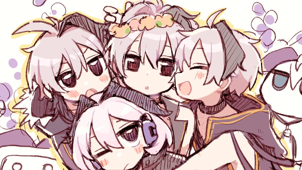4girls, :o, ahoge, androgynous, black_hair, blush, cevio, chibi