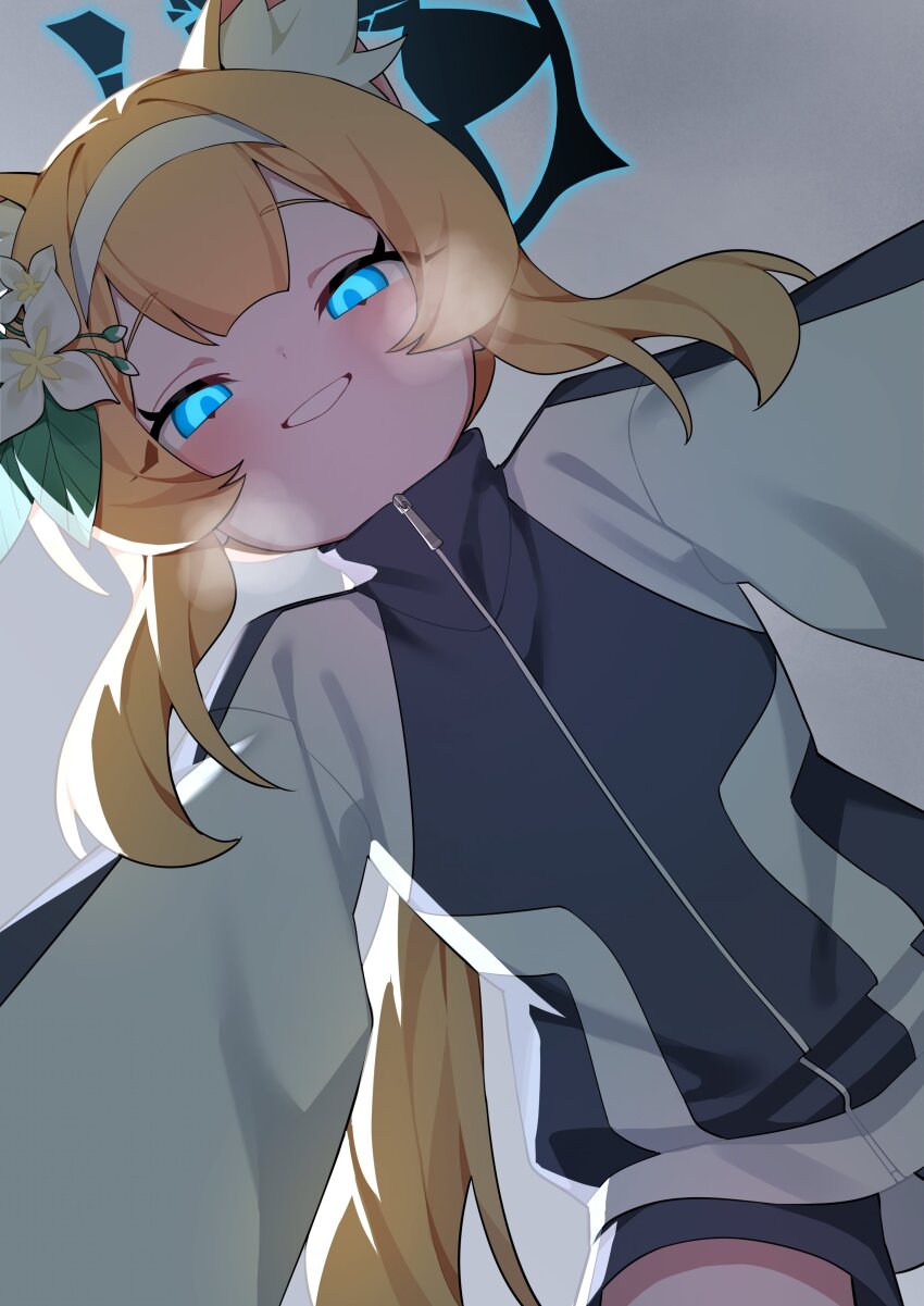 1girl, absurdres, animal_ear_fluff, animal_ears, black_shorts, blue_archive, blue_eyes, blush, cat_ears, dark_halo, flower, gym_shorts, hair_flower, hair_ornament, halo, highres, honi_(honi1010), jacket, long_hair, long_sleeves, looking_at_viewer, mari_(blue_archive), mari_(track)_(blue_archive), official_alternate_costume, open_mouth, orange_hair, shorts, smile, solo, track_jacket, white_flower, yukadon_on_viewer