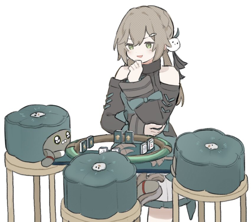 bare_shoulders, black_sweater, bow, brown_hair, clothing_cutout, colored_eyelashes, dress, green_bow