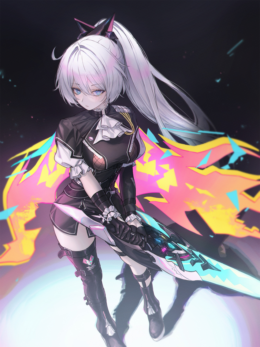 1girl, asymmetrical_legwear, asymmetrical_sleeves, black_background, black_coat, black_gloves, black_skirt, blue_eyes