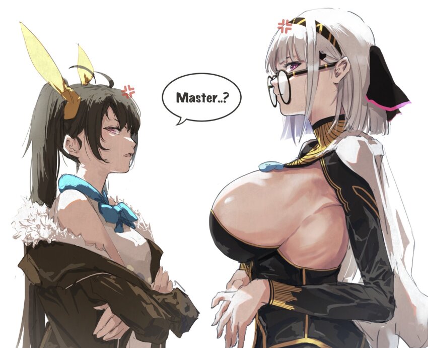 2girls, alchemy_stars, anger_vein, animal_ears, antenna_hair, armpits, black_dress, black_hair