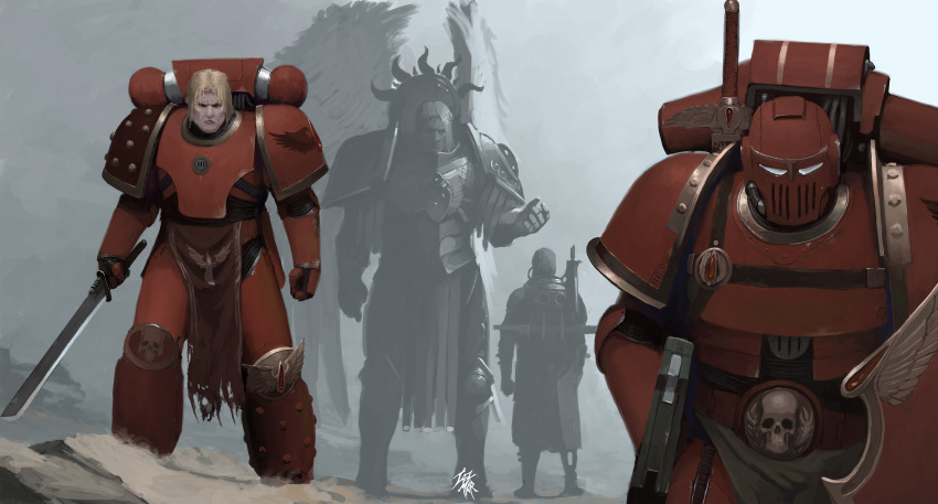 4boys, absurdres, adeptus_astartes, angel, angel_wings, armor, armored_boots, artist_logo