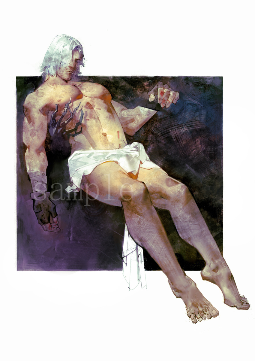 1boy, abs, absurdres, bara, barefoot, beard_stubble, check_copyright, closed_eyes