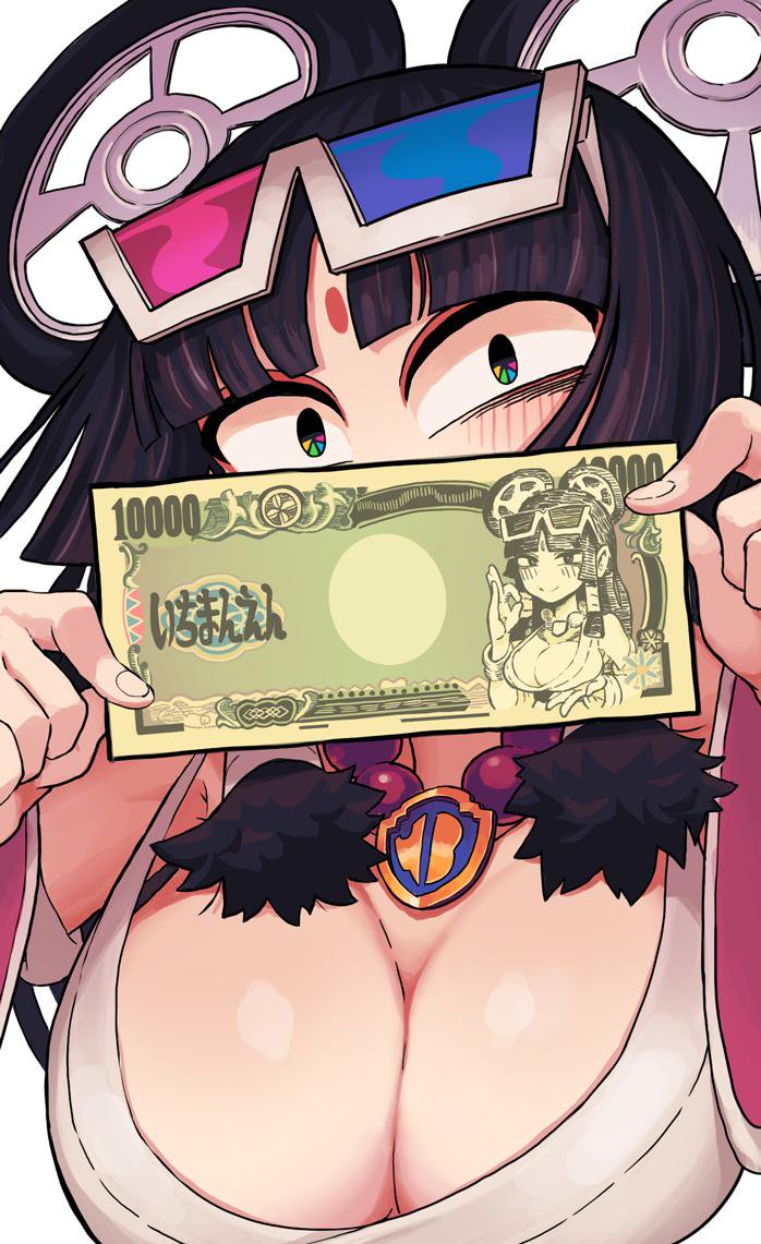 1girl, 3d_glasses, bags_under_eyes, banknote, bead_necklace, beads, bindi, black_eyes, black_hair, blunt_bangs, blush, breast_lift, breasts, cleavage, commentary_request, company_logo, covered_mouth, detached_sleeves, eiga_daimyoujin, eyeshadow, eyewear_on_head, film_reel, gashi-gashi, hands_up, holding, holding_money, jewelry, large_breasts, long_hair, looking_at_viewer, makeup, money, mudra, multicolored_eyes, necklace, original, red_eyeshadow, scoop_neck, simple_background, sleeveless, solo, upper_body, vitarka_mudra, warner_bros., white_background, wide-eyed, wide_sleeves, yen