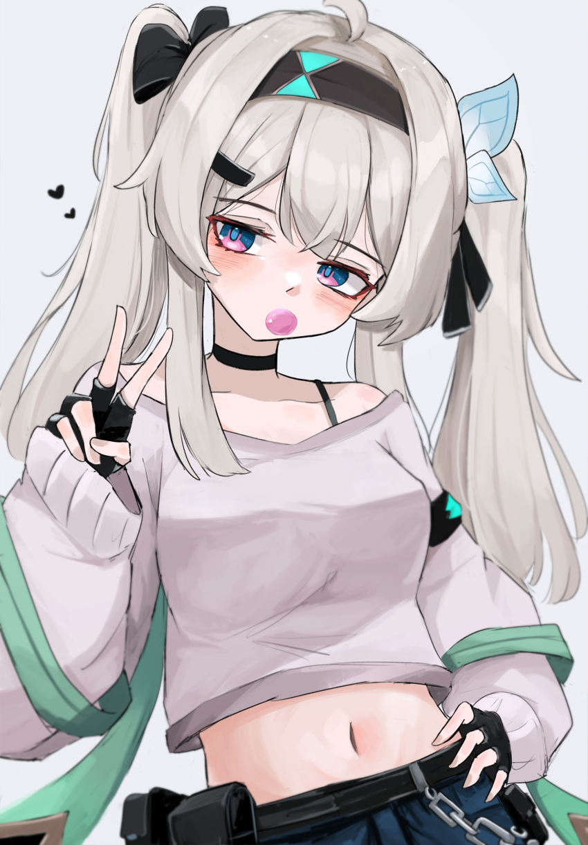 1girl, alternate_costume, alternate_hairstyle, belt, black_belt, black_bow, black_choker, black_gloves, black_hairband, blowing_bubble_gum, blowing_bubbles, blush, bow, bra_strap, chain, chewing_gum, choker, commentary, crop_top, fingerless_gloves, firefly_(honkai:_star_rail), gloves, grey_background, grey_shirt, hair_bow, hairband, hand_up, highres, honkai:_star_rail, honkai_(series), kari90909, long_sleeves, looking_at_viewer, midriff, navel, off-shoulder_shirt, off_shoulder, pouch, shirt, simple_background, solo, stomach, twintails, upper_body