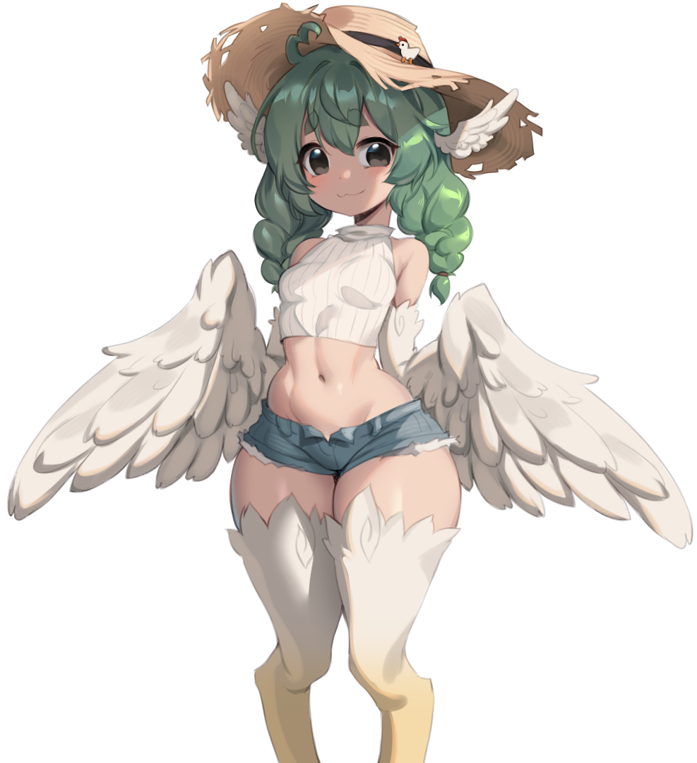 1girl, :3, ahoge, bare_shoulders, birb_(niniidawns), bird_legs, blush, braid