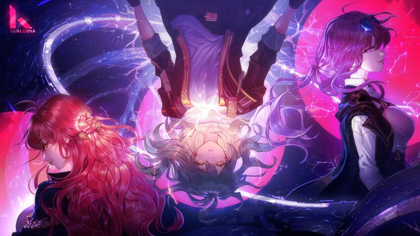 3girls, absurdres, artist_logo, artist_name, black_gloves, black_jacket, black_shorts, breasts