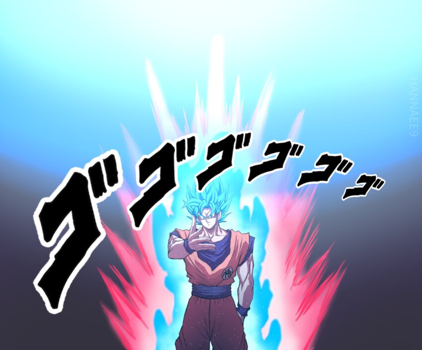 1boy, aura, blue_eyes, blue_hair, blue_shirt, collarbone, commentary, cowboy_shot, dougi, dragon_ball, dragon_ball_super, dragon_ball_z_dokkan_battle, emblem, english_commentary, hannaee9, highres, jojo_no_kimyou_na_bouken, kaiouken, male_focus, medium_hair, meme, muscular, muscular_male, orange_pants, orange_shirt, pants, shirt, solo, son_goku, sound_effects, spiked_hair, super_saiyan, super_saiyan_blue, woe_plague_be_upon_ye_(meme)