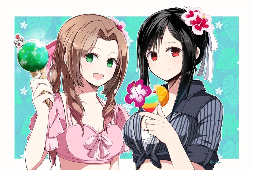 2girls, aerith_gainsborough, aerith_gainsborough_(floral_delight), black_hair, breasts, brown_hair, cleavage, cocktail_glass