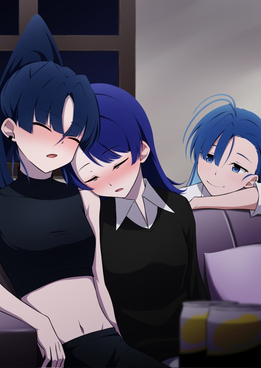 3girls, ado_(utaite), ahoge, atashi_wa_mondaisaku, black_shirt, black_sweater, blue_eyes, blue_hair