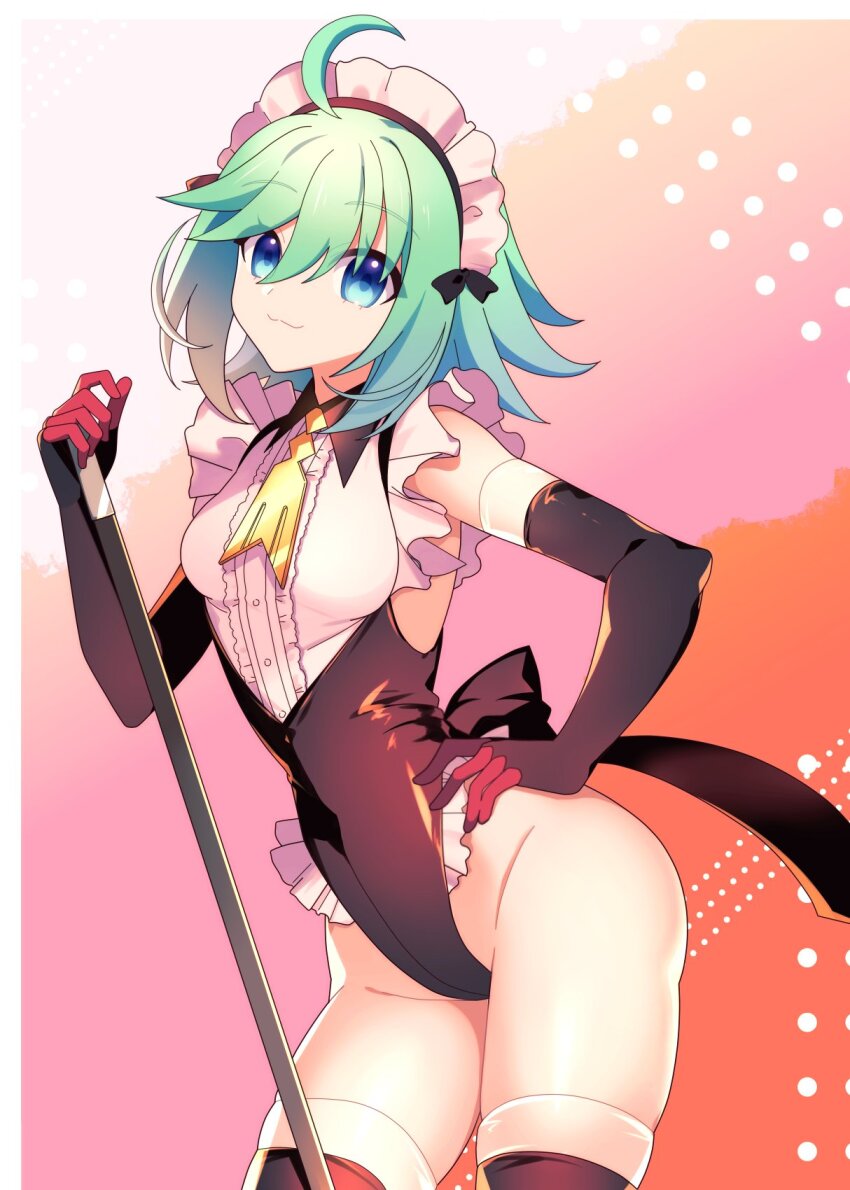 1girl, ahoge, azure_striker_gunvolt, azure_striker_gunvolt_2, black_leotard, black_thighhighs, blue_eyes, breasts