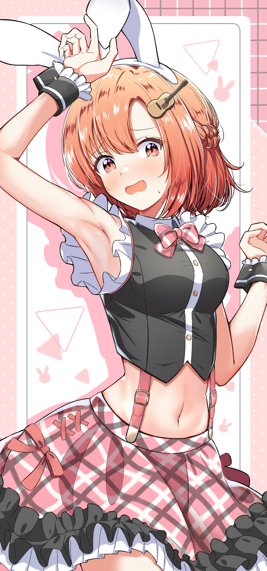 1girl, absurdres, animal_ears, arm_up, armpits, black_shirt, black_wrist_cuffs, blush, braid, breasts, brown_eyes, brown_hair, drop_shadow, fake_animal_ears, half_up_braid, highres, kino_himari, looking_at_viewer, medium_breasts, midriff, navel, official_alternate_costume, open_mouth, pink_skirt, plaid_clothes, plaid_skirt, rio_beginner, sasayaku_you_ni_koi_wo_utau, shirt, skirt, solo, suspender_skirt, suspenders, sweatdrop, wrist_cuffs