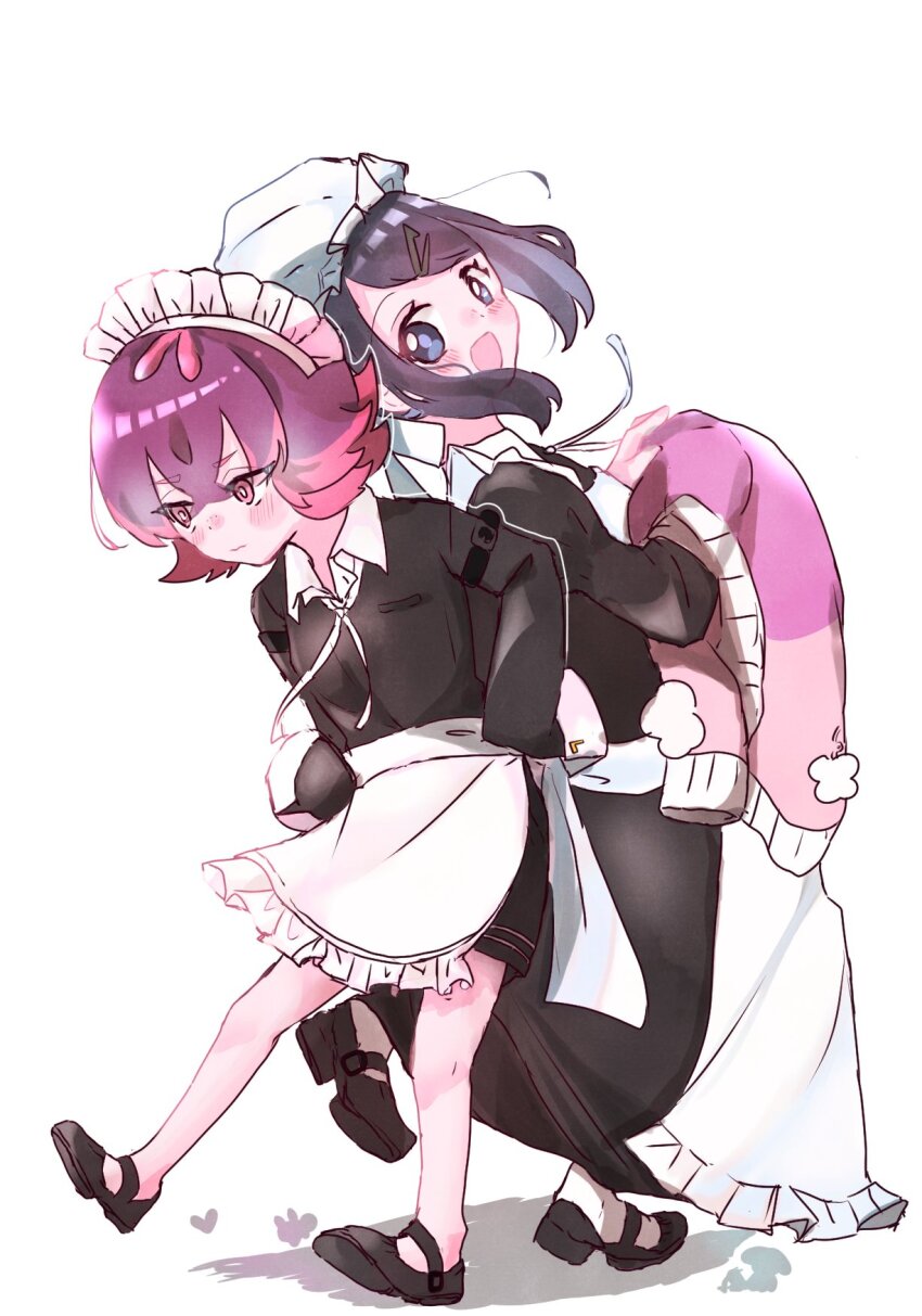 2girls, 3yk0_h, apron, black_dress, black_hair, blue_eyes, blush, closed_mouth