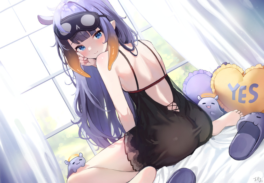 1girl, absurdres, animal_ears, ass, back, bare_shoulders, barefoot, bed_sheet