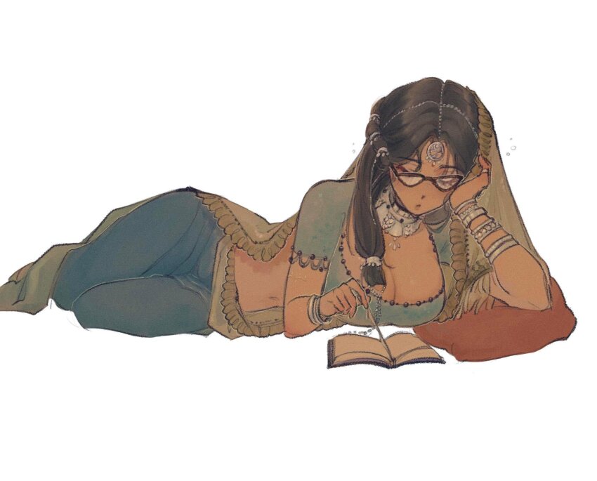 1girl, black-framed_eyewear, black_hair, blue_pants, blue_shirt, book, bracelet, braid, breasts, cleavage, closed_mouth, dark-skinned_female, dark_skin, elbow_rest, facial_mark, forehead_mark, french_braid, full_body, glasses, hair_ornament, hair_over_shoulder, hand_on_own_face, hand_up, head_rest, highres, jewelry, kaalaa_baunaa, large_breasts, long_hair, lying, needtobeleashed, on_side, open_book, pants, pillow, reading, reverse:1999, shirt, short_sleeves, solo, turning_page, veil, white_background, yellow_veil
