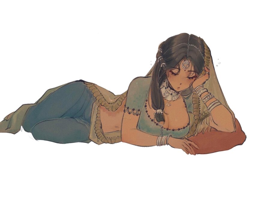 1girl, asian_indian_clothes, black_hair, blue_pants, blue_shirt, bracelet, braid, breasts, cleavage, closed_mouth, dark-skinned_female, dark_skin, desi, elbow_rest, facial_mark, forehead_mark, french_braid, full_body, hair_ornament, hair_over_shoulder, hand_on_own_face, hand_up, head_rest, highres, indian_clothes, jewelry, kaalaa_baunaa, large_breasts, long_hair, lying, needtobeleashed, on_side, pants, pillow, reverse:1999, sari, shirt, short_sleeves, solo, veil, white_background, yellow_veil