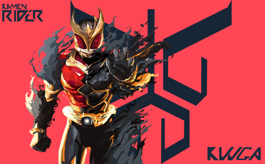 1boy, absurdres, arcle_(kuuga), armor, belt, black_armor, bodysuit, character_name, compound_eyes, gloves, gold_horns, gurongi, helmet, henshin, highres, horns, kamen_rider, kamen_rider_kuuga, kamen_rider_kuuga_(series), kamen_rider_kuuga_(ultimate_form), looking_at_viewer, male_focus, mask, reaching, reaching_towards_viewer, red_eyes, rider_belt, rty17369287581, smoke, solo, split_theme, standing, tokusatsu, weapon