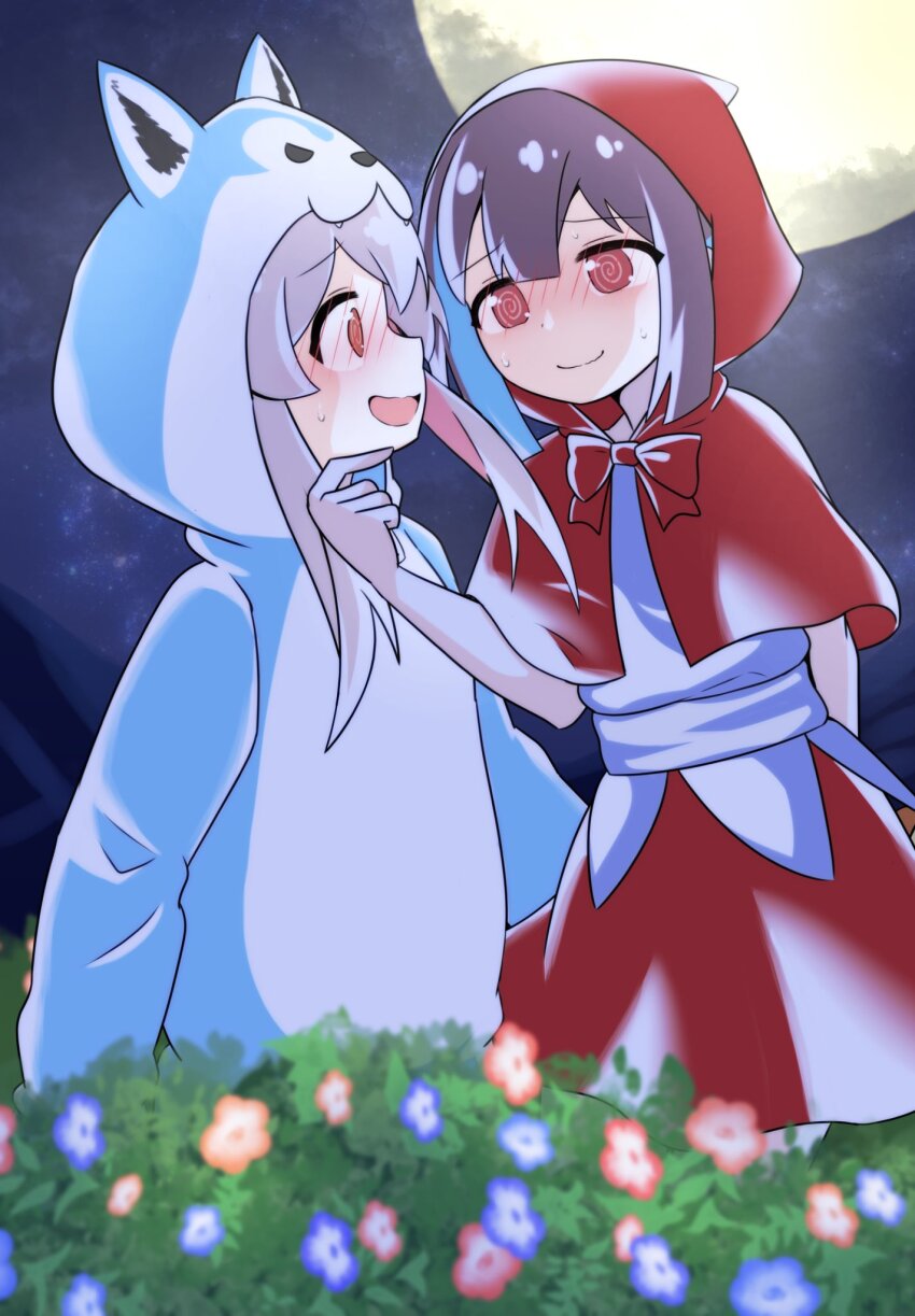 2girls, :d, @_@, animal_costume, arm_behind_back, blue_hair, blunt_bangs, blunt_ends, blush, bow, bowtie, brown_eyes, brown_hair, bush, capelet, colored_inner_hair, commentary, cosplay, eye_contact, flower, flustered, full_moon, gekogekobuhihi, grabbing_another's_chin, grey_hair, hair_between_eyes, hand_on_another's_chin, highres, hood, hood_up, hooded_capelet, hozuki_momiji, little_red_riding_hood_(fairy_tale), little_red_riding_hood_(fairy_tale_character)_(cosplay), little_red_riding_hood_(fairy_tale_character), long_hair, looking_at_another, moon, multicolored_hair, multiple_girls, nervous_sweating, night, nose_blush, onesie, onii-chan_wa_oshimai!, open_mouth, outdoors, oyama_mahiro, red_bow, red_bowtie, red_capelet, red_skirt, short_hair, skirt, smile, sweat, two-tone_hair, wolf_costume, yuri