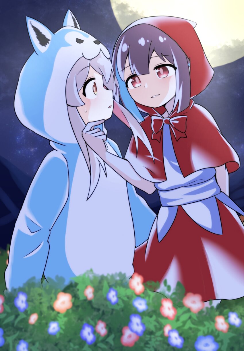 2girls, animal_costume, arm_behind_back, blue_hair, blunt_bangs, blunt_ends, bow, bowtie