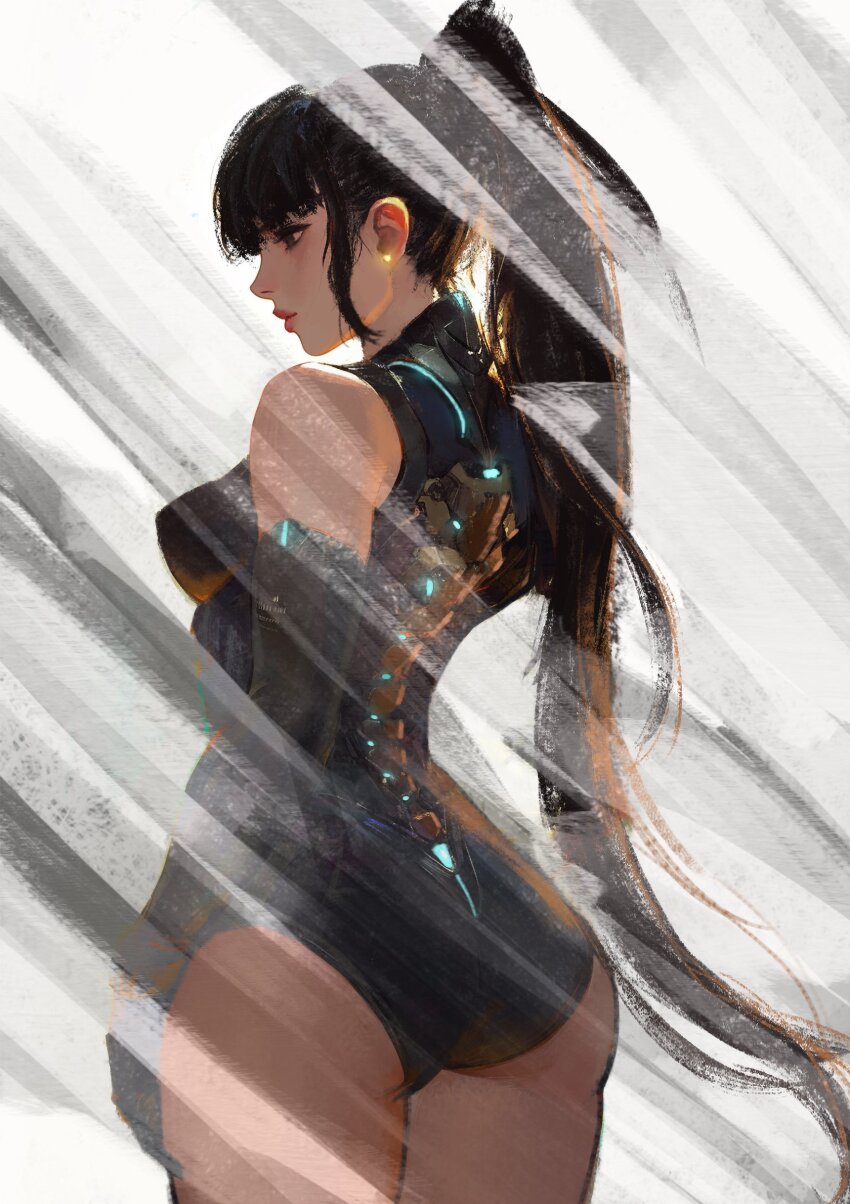 1girl, absurdres, ass, black_bodysuit, black_gloves, black_hair, blunt_bangs, bodysuit