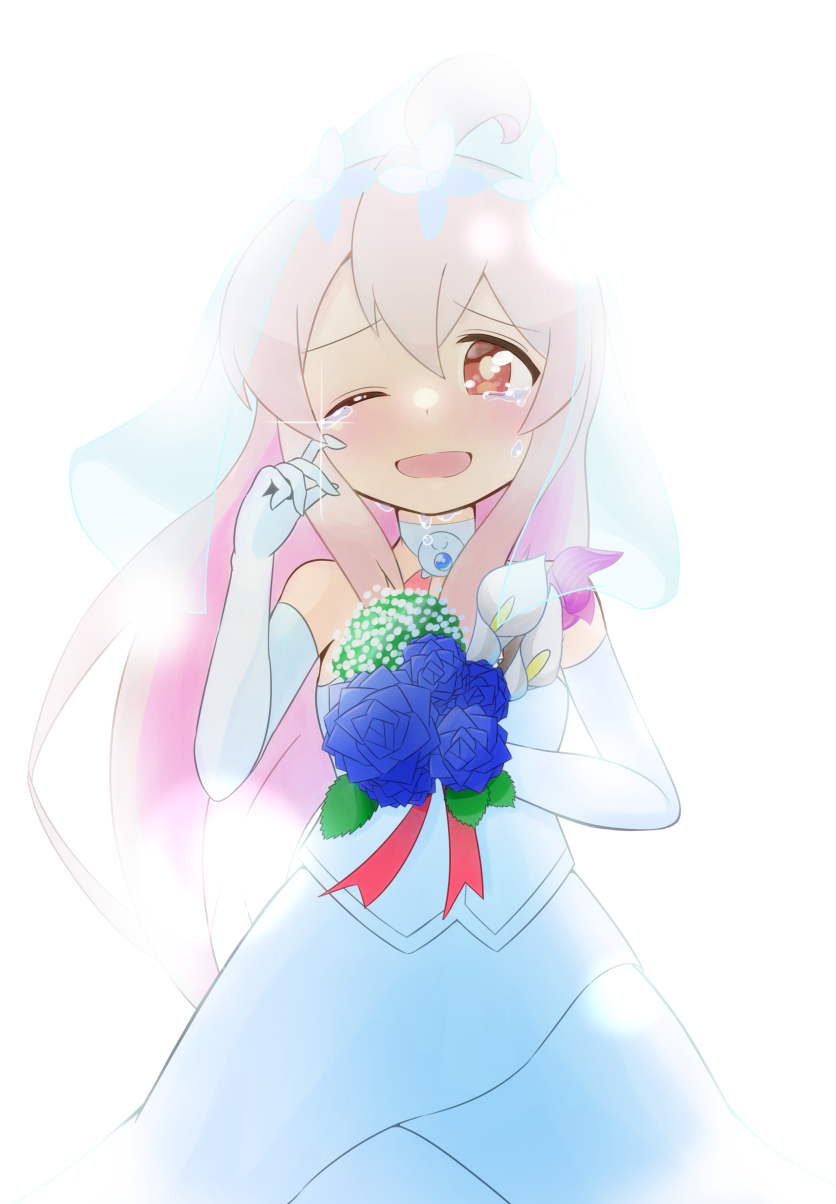 1girl, ;d, ahoge, backlighting, bare_shoulders, bouquet, bridal_veil, bride