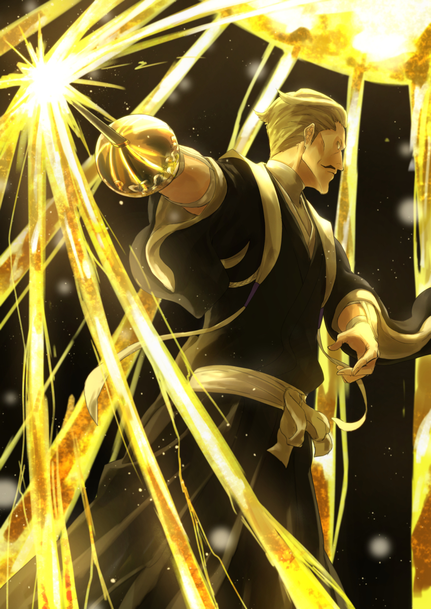 1boy, bankai, black_hakama, black_kimono, bleach, cage, cowboy_shot, electricity, electrokinesis, facial_hair, facing_to_the_side, fighting_stance, from_below, hair_slicked_back, hakama, highres, japanese_clothes, kimono, koukou_gonryou_rikyuu_(bankai), lightning, looking_to_the_side, male_focus, mitarashi_(5333069), mustache, no_pupils, rapier, sasakibe_choujirou, shihakusho, shinigami, short_hair, solo, sword, weapon, white_hair, zanpakutou