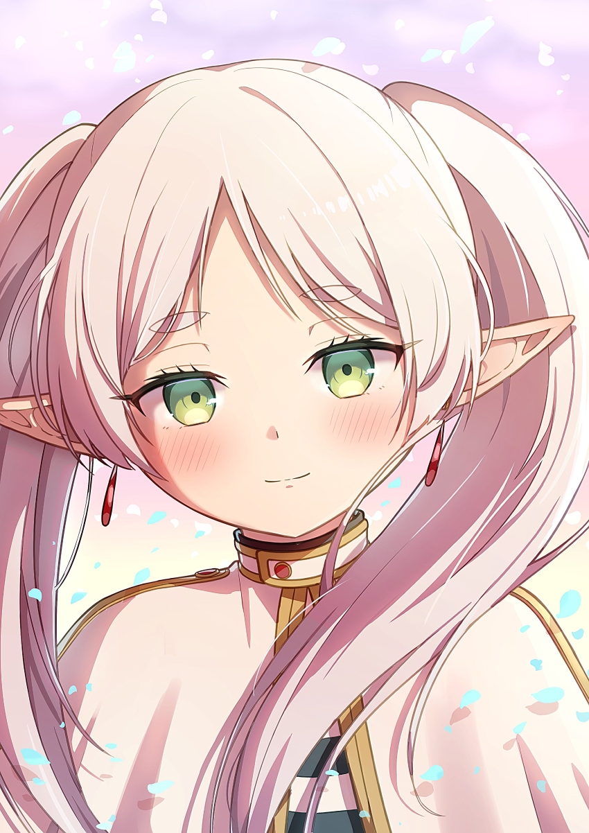 1girl, absurdres, blush, capelet, closed_mouth, collared_capelet, commentary_request, earrings