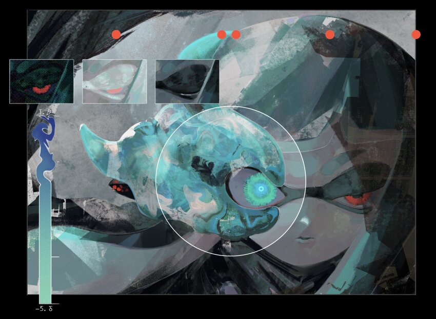 1girl, agent_3_(splatoon), aqua_eyes, black_border, black_shirt, blue_hair, blue_pupils, border