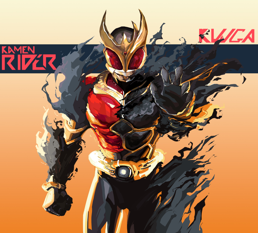 1boy, absurdres, arcle_(kuuga), armor, belt, black_armor, bodysuit, character_name, compound_eyes, gloves, gold_horns, gurongi, helmet, henshin, highres, horns, kamen_rider, kamen_rider_kuuga, kamen_rider_kuuga_(series), kamen_rider_kuuga_(ultimate_form), looking_at_viewer, male_focus, mask, reaching, reaching_towards_viewer, red_eyes, rider_belt, rty17369287581, smoke, solo, split_theme, standing, tokusatsu, weapon