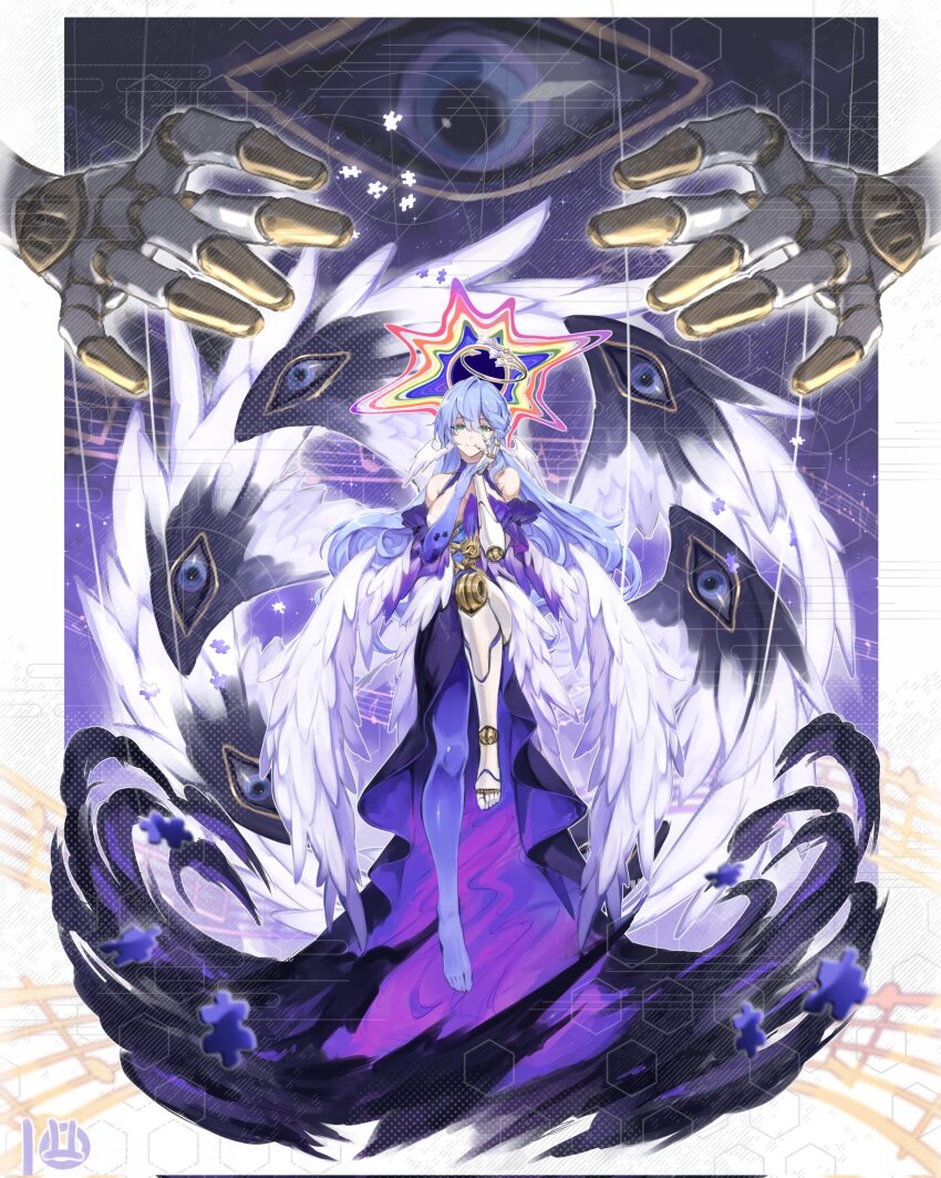 adapted_costume, alternate_costume, angel_wings, artist_logo, black_wings, breasts, collar, colored_extremities, commentary, disembodied_hand, dress, ena_(honkai:_star_rail), green_eyes, hair_between_eyes, halo, hand_on_own_face, head_wings, highres, honkai:_star_rail, honkai_(series), jewel_under_eye, knee_up, laksana_iman, large_breasts, logo, mechanical_arms, mechanical_legs, multicolored_wings, puppet_strings, purple_collar, robin_(honkai:_star_rail), single_mechanical_arm, single_mechanical_leg, smile, white_dress, white_wings, wings