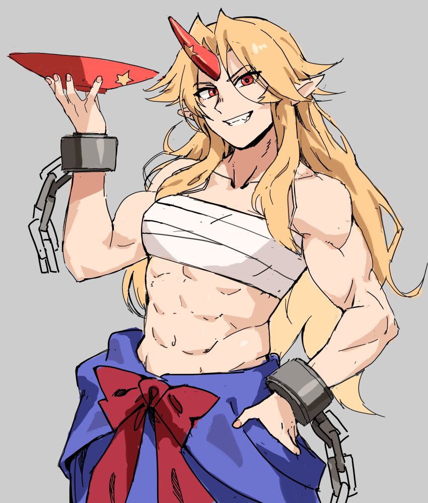 1girl, abs, absurdres, asuka_shirou, biceps, blonde_hair, blue_kimono, bow