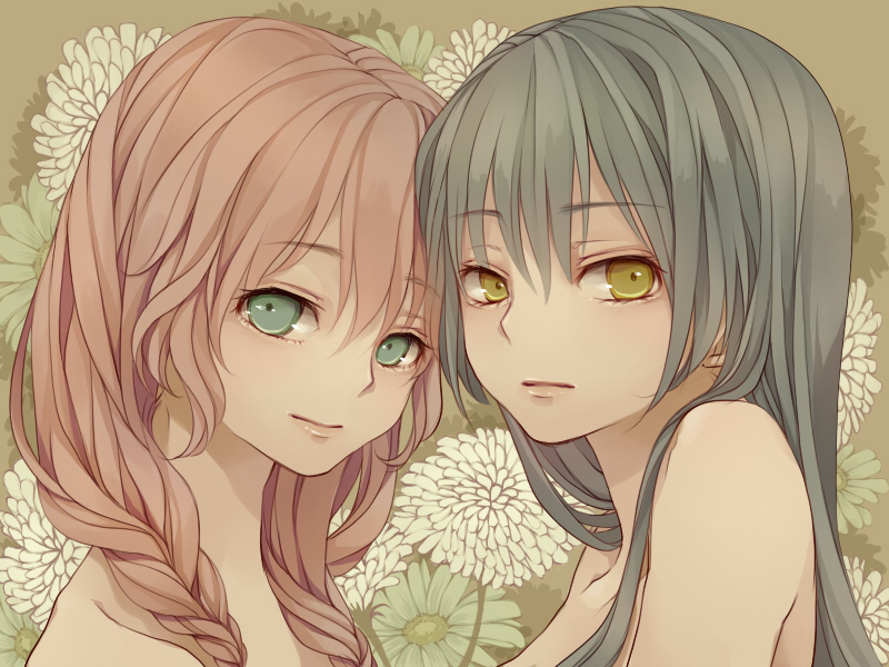2girls, bare_shoulders, braid, flower, green_eyes, lips, mikuni_(mikunik), multiple_girls