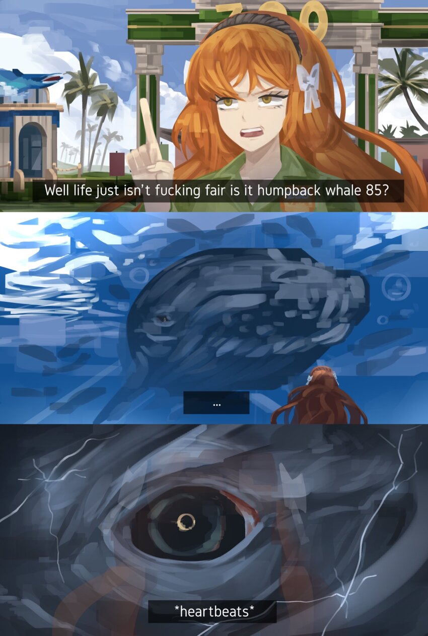 ..., 1girl, aquarium, bow, collared_shirt, crack, cracked_glass, english_text