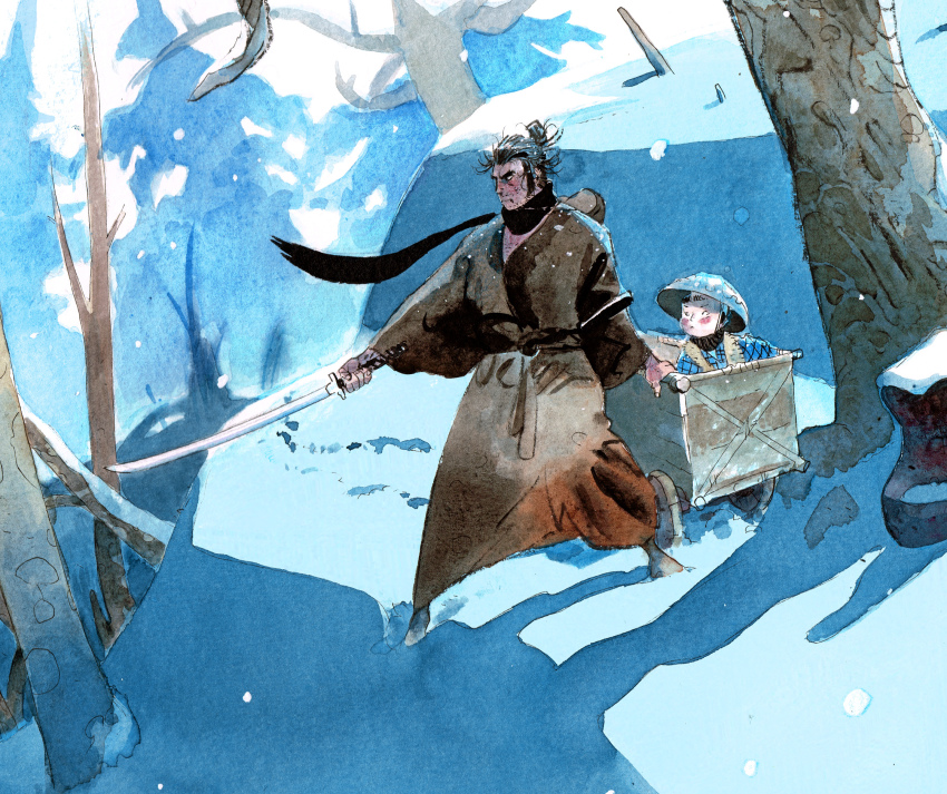 2boys, beard_stubble, behind_another, black_hair, black_scarf, blue_jacket, blush, brown_kimono, child, closed_mouth, commentary, cropped, english_commentary, facial_hair, forest, full_body, fur_vest, hat, highres, holding, holding_sword, holding_weapon, jacket, japanese_clothes, jidaigeki, katana, kimono, kozure_ookami, legs_apart, long_sleeves, looking_ahead, looking_at_another, male_focus, matias_bergara, messy_hair, multiple_boys, nature, ogami_daigorou, ogami_ittou, outdoors, painting_(medium), pointing_melee_weapon, pointing_sword, profile, protecting, rice_hat, scarf, short_hair, snow, snowing, standing, stubble, sword, thick_eyebrows, topknot, traditional_media, wagon, watercolor_(medium), weapon, winter