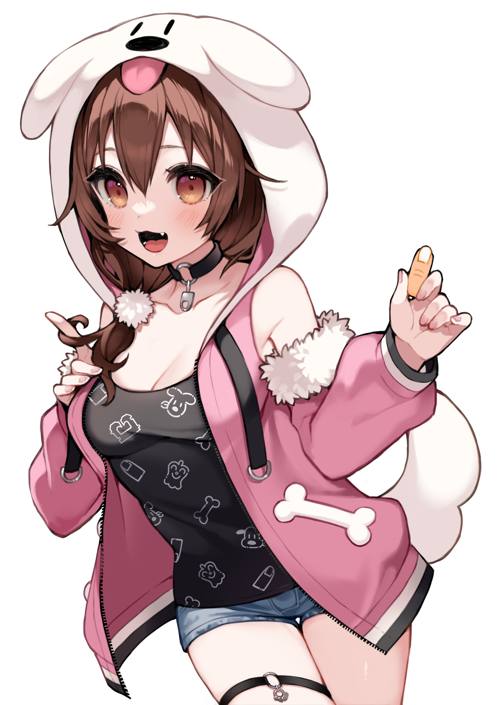 1girl, :d, alternate_costume, alternate_hairstyle, animal_hood, animal_print, black_choker, black_shirt, blue_shorts, blush, bone_print, breasts, brown_eyes, brown_hair, choker, cleavage, clothing_cutout, collarbone, denim, denim_shorts, dog_hood, dog_print, dot_nose, fang, fur-trimmed_sleeves, fur_trim, gradient_eyes, hair_between_eyes, hair_ornament, hair_over_shoulder, highres, holding_finger, hololive, hood, hood_up, hooded_jacket, inugami_korone, inugami_korone_(roomwear), jacket, large_breasts, long_hair, long_sleeves, multicolored_eyes, nekohara_choco, o-ring, o-ring_choker, official_alternate_costume, official_alternate_hairstyle, open_mouth, pendant_choker, pink_jacket, pink_nails, pom_pom_(clothes), pom_pom_hair_ornament, print_shirt, shirt, short_shorts, shorts, shoulder_cutout, simple_background, smile, solo, t-shirt, thigh_strap, tongue, virtual_youtuber, white_background