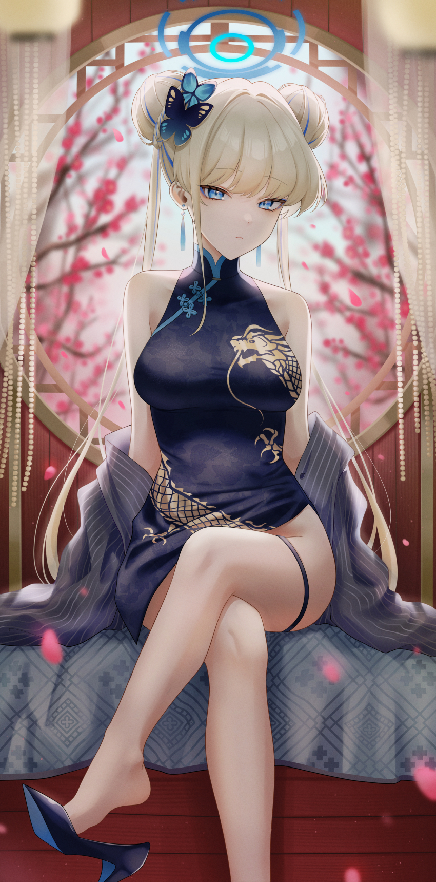 1girl, absurdres, blonde_hair, blue_archive, blue_eyes, blue_halo, butterfly_hair_ornament, china_dress
